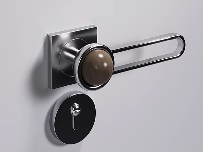Modern Door Handle With Long Metallic Bar Wooden Spherical Knob And Lock Cylinder 3d model