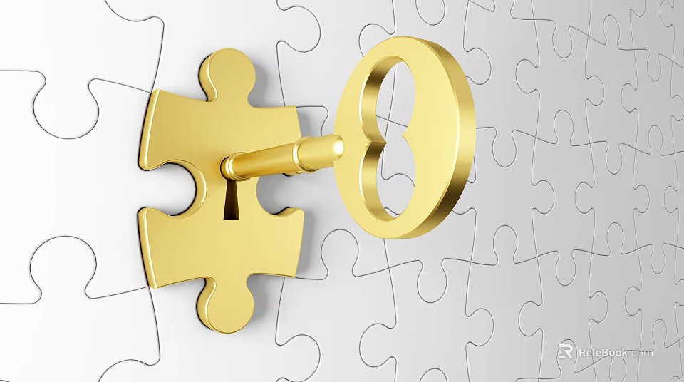Jewelry Featuring Golden Key Shaped Puzzle Piece on White Puzzle Board 3d model 