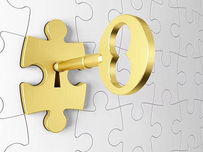 Jewelry Featuring Golden Key Shaped Puzzle Piece on White Puzzle Board 3d model