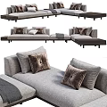 Modern Gray Fabric Sectional Sofa With Brown Velvet White Cushions And Wooden Coffee Tables