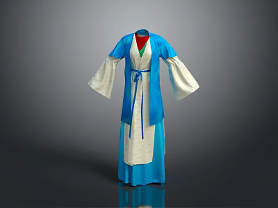 Traditional Chinese Robe With Blue White Red Lining Long Sleeves And Belt 3d model