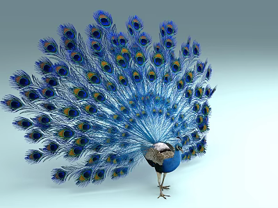Colorful Flying Peacock with Expanded Blue Tail Feathers and Vibrant Eye Patterns 3d model