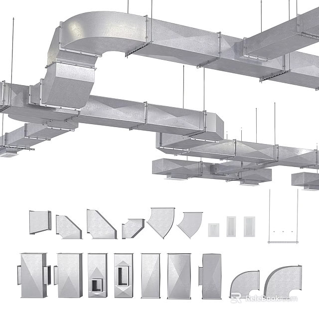 Ductwork System Featuring Various Shapes And Installation Components For Industrial Use 3d model 