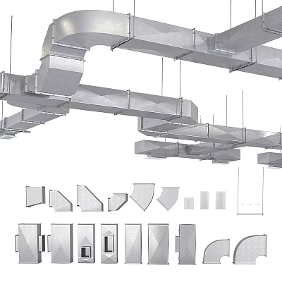 Ductwork System Featuring Various Shapes And Installation Components For Industrial Use 3d model