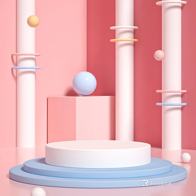 Pink Background Product Display With White Pillars Blue Spheres And Circular Platform 3d model
