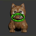 Orange Shiba Inu Puppy Figurine With Green Collar And Open Mouth On Dark Background