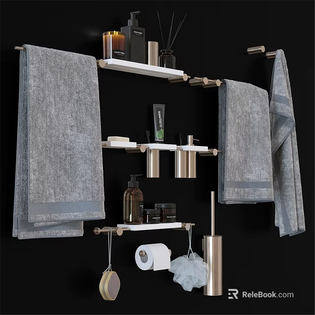 Organized Bathroom Essentials with Gray Towels White Shelves and Toiletries 3d model 