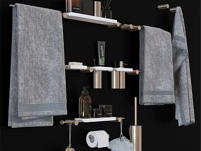 Organized Bathroom Essentials with Gray Towels White Shelves and Toiletries 3d model