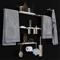 Organized Bathroom Essentials with Gray Towels White Shelves and Toiletries
