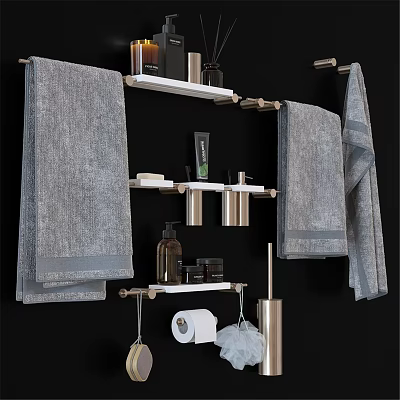 Organized Bathroom Essentials with Gray Towels White Shelves and Toiletries 3d model