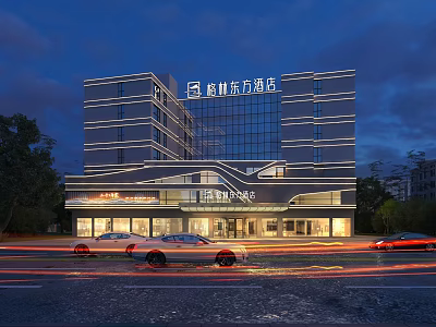 Modern Hotel Building Exterior With Illuminated Glass Facade Night Street View And Cars 3d model