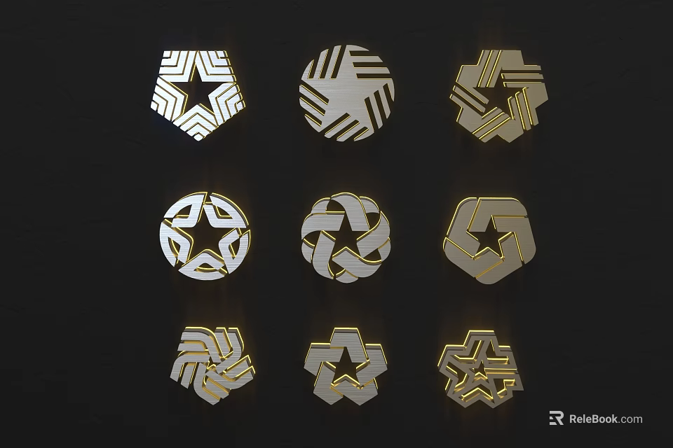 Modern Geometric Wall Decor Designs With Different Shapes White And Gold Patterns 3d model 