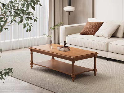 Wooden Two Tier Coffee Table In Cozy Living Room With Sofa Plants And Floor Lamp 3d model