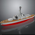 Warship Model with White Hull Red Bottom Multiple Turrets and Superstructure