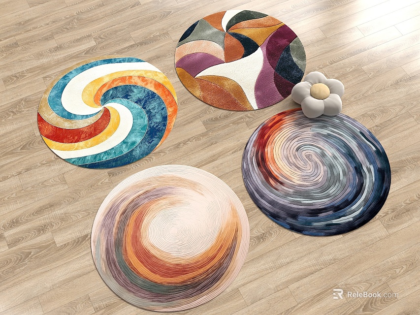 Modern Decorative Round Rugs With Colorful Spiral Patterns On Wooden Floor 3d model 