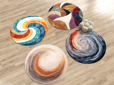 Modern Decorative Round Rugs With Colorful Spiral Patterns On Wooden Floor 3d model