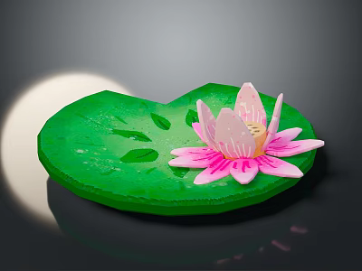 Frog Resting On Green Lotus Leaf With Pink Water Lily Flower 3d model