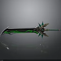 Ornate Decorative Sword With Green Accents Gold Details Intricate Patterns And Reflective Surface