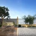 Elegant Garden Landscape With Lush Trees Outdoor Seating Water Feature And Paved Patio