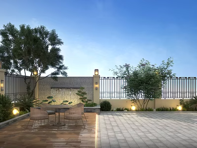 Elegant Garden Landscape With Lush Trees Outdoor Seating Water Feature And Paved Patio 3d model