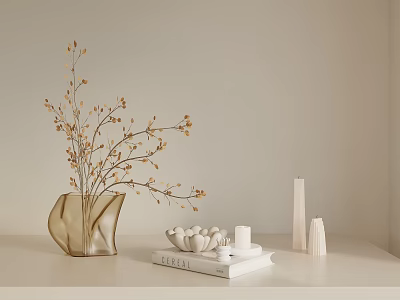 Transparent Vase With Dried Branches Shell Decoration Candles And White Geometric Decor On Light Shelf 3d model