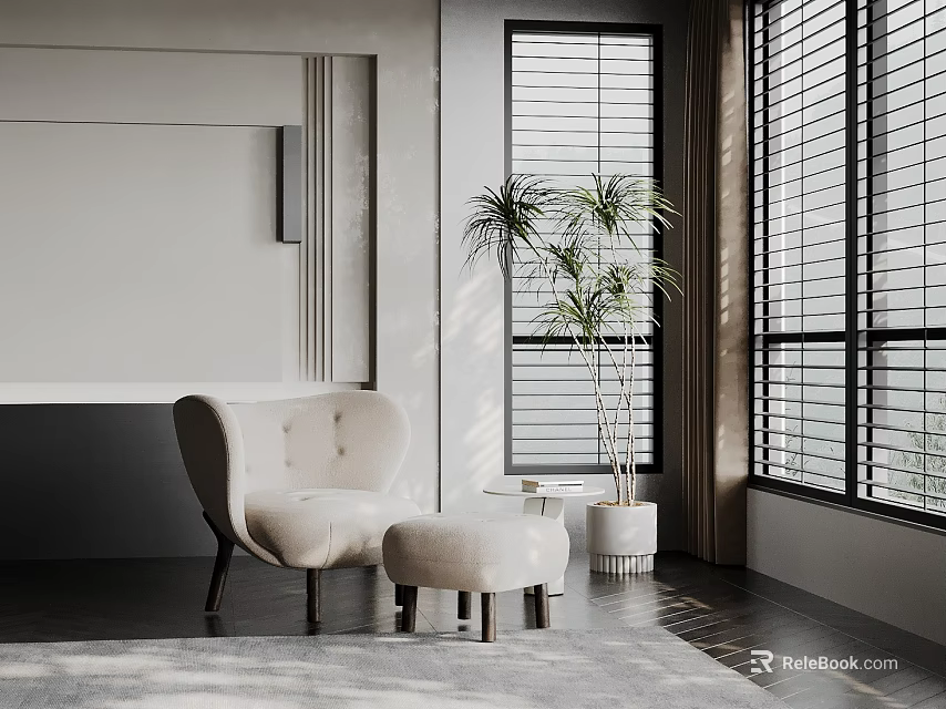 Light Colored Leisure Chair with Ottoman and Potted Plant by Window Blinds in Modern Interior 3d model 