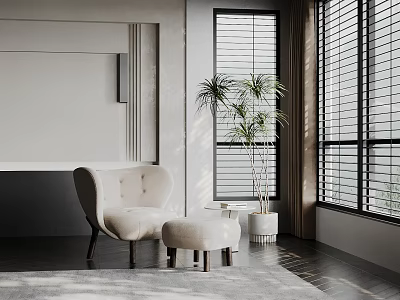 Light Colored Leisure Chair with Ottoman and Potted Plant by Window Blinds in Modern Interior 3d model