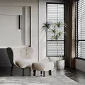 Light Colored Leisure Chair with Ottoman and Potted Plant by Window Blinds in Modern Interior