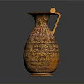 Traditional Yellow And Red Vase With Intricate Patterns And Two Small Top Horns