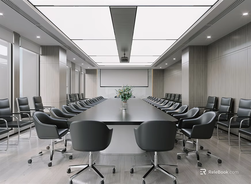 Modern Conference Room Interior Design With Long Table Black Chairs Wooden Walls And Projector Screen 3d model 