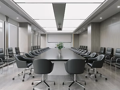 Modern Conference Room Interior Design With Long Table Black Chairs Wooden Walls And Projector Screen 3d model