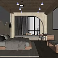 Minimalist Hotel Room Interior With Rattan Ceiling Arched Window And King Bed