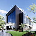 Modern Office Building With Glass Curtain Wall Entrance Design And Surrounding Trees
