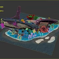 Underwater Wreck Scene With Colorful Corals Marine Plants Blue Water And Ice Blocks