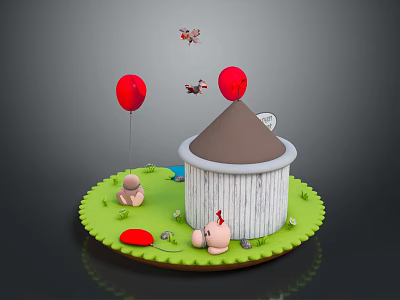 Charming Miniature Scenery With White Wooden Cabin Red Balloons And Small Insects On Green Platform 3d model