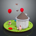 Charming Miniature Scenery With White Wooden Cabin Red Balloons And Small Insects On Green Platform