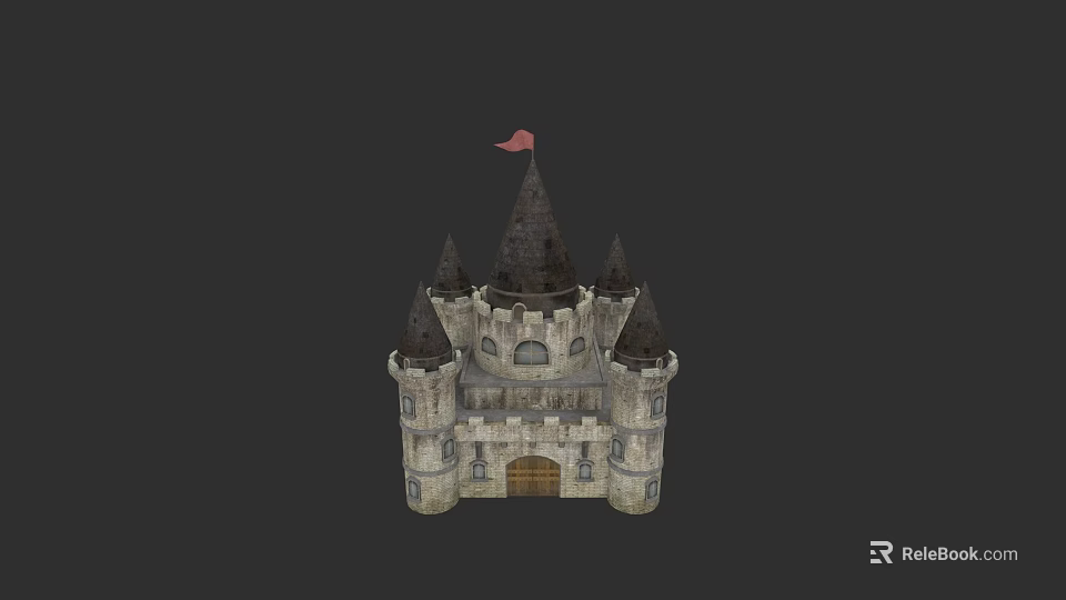 Historic European Castle Stone Structure With Spires Towers And Red Flag 3d model 