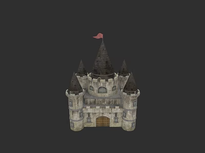 Historic European Castle Stone Structure With Spires Towers And Red Flag 3d model