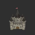 Historic European Castle Stone Structure With Spires Towers And Red Flag
