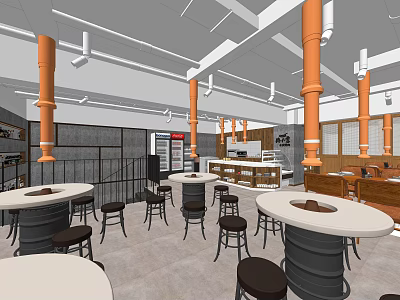 Modern Hot Pot Restaurant Interior Featuring Round Tables High Stools And Orange Pillars 3d model