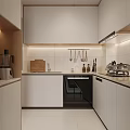 Modern White Kitchen Interior With Cabinets Dishwasher Hanging Utensils And Cutting Board