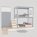 Modern Blue And White Bunk Bed With Stairs Wardrobe Wooden Frame Mattress And Pillows