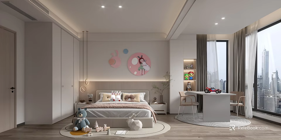 Modern Kids Bedroom With Cartoon Wall Art Toys And Storage 3d model 