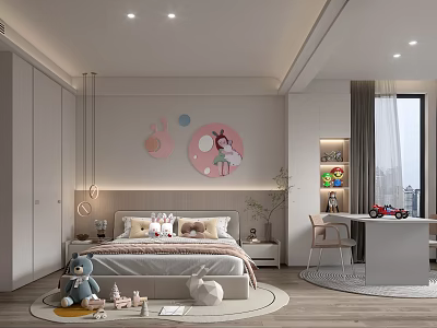 Modern Kids Bedroom With Cartoon Wall Art Toys And Storage 3d model