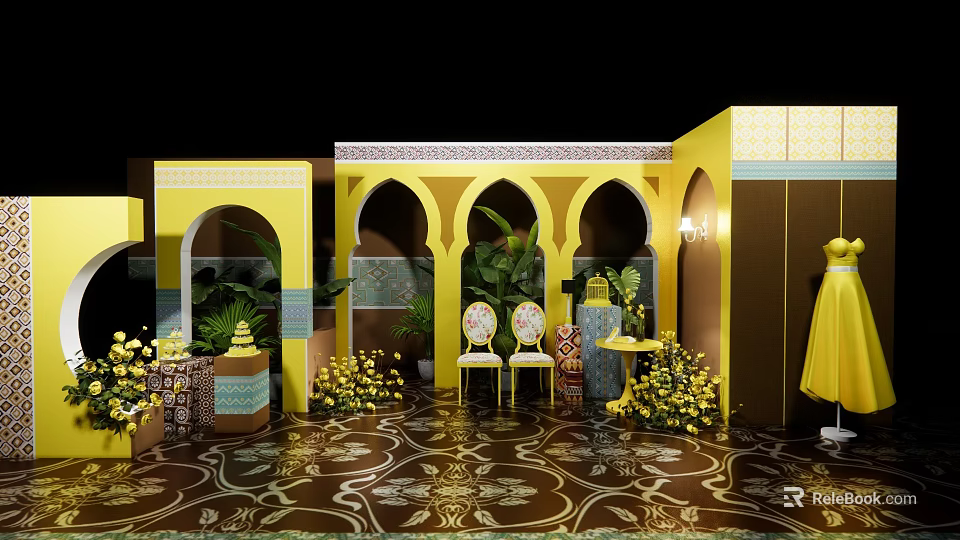 Elegant Yellow Banquet Hall With Arched Doors Green Plants Yellow Flowers And Patterned Carpet 3d model 