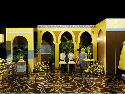 Elegant Yellow Banquet Hall With Arched Doors Green Plants Yellow Flowers And Patterned Carpet 3d model