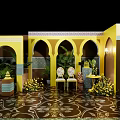Elegant Yellow Banquet Hall With Arched Doors Green Plants Yellow Flowers And Patterned Carpet