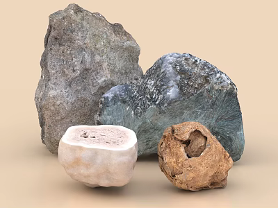 Natural Stone and Wood Pieces Displaying Raw Textures and Varied Shapes 3d model