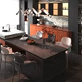 Modern Restaurant Interior With Marble Dining Table Chairs Wine Rack And Pendant Lighting 3d model