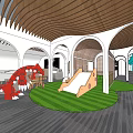 Kindergarten Indoor Play Space with Wooden Ceiling Arched Doorways Green Lawn Slide and Dinosaur Toy